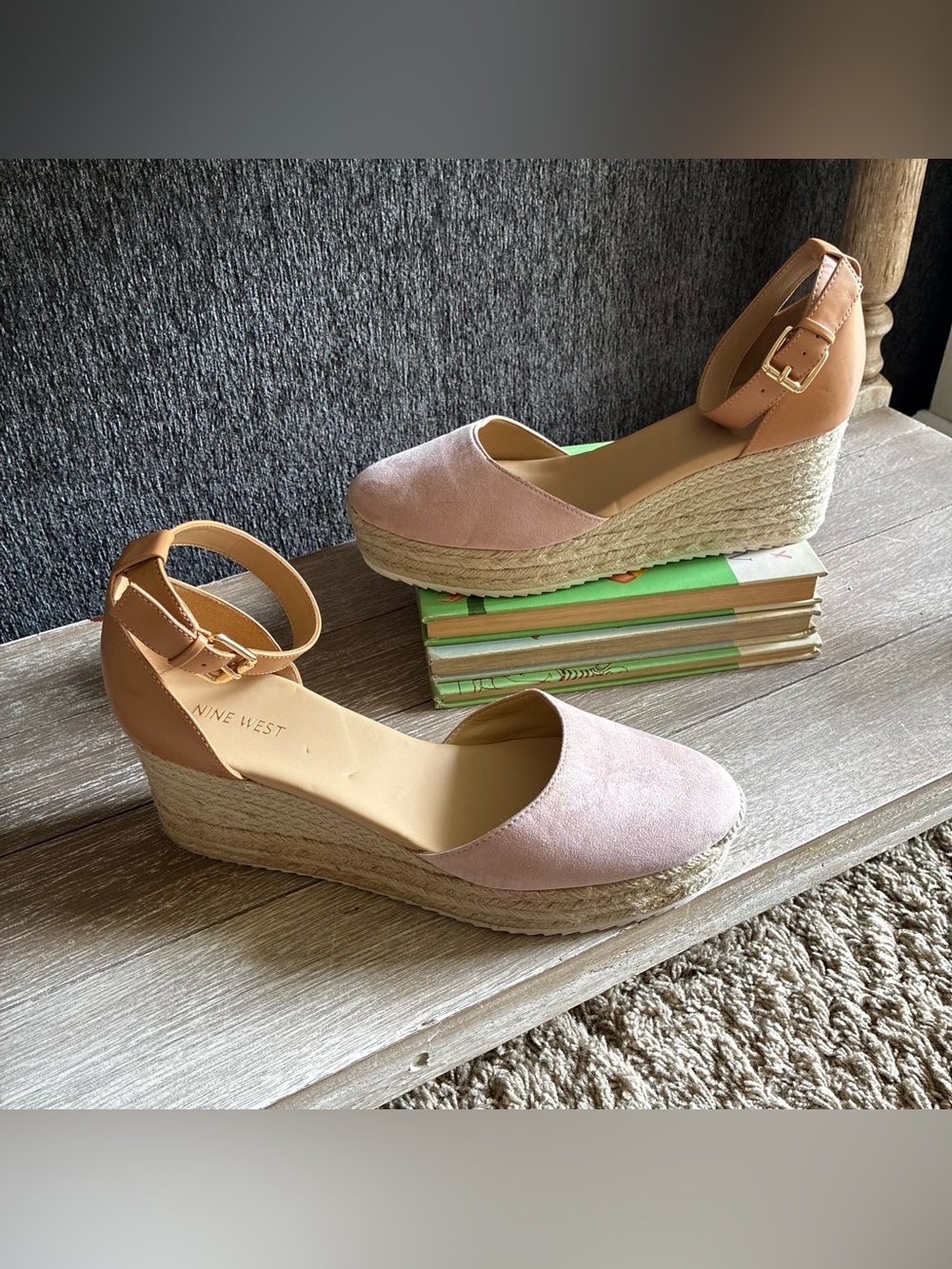 Nine West Blush Pink and Tan Espadrille Wedge Sandals With Ankle Strap